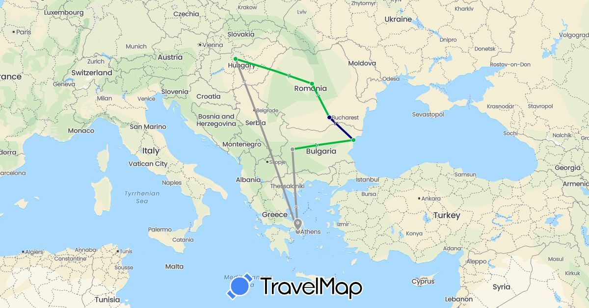 TravelMap itinerary: driving, bus, plane in Bulgaria, Greece, Hungary, Romania (Europe)